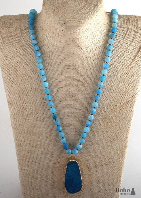 Boho Necklace, RH Precious Stone, Blue with Druzy